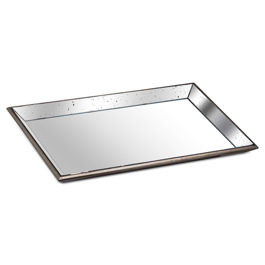 Astor Distressed Mirrored Tray With Wooden Detailing - Large