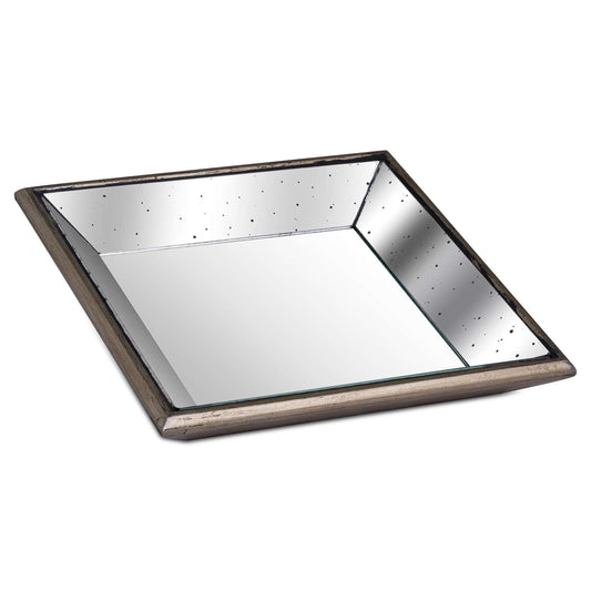 Astor Distressed Mirrored Square Tray With Wooden Detailing - Small