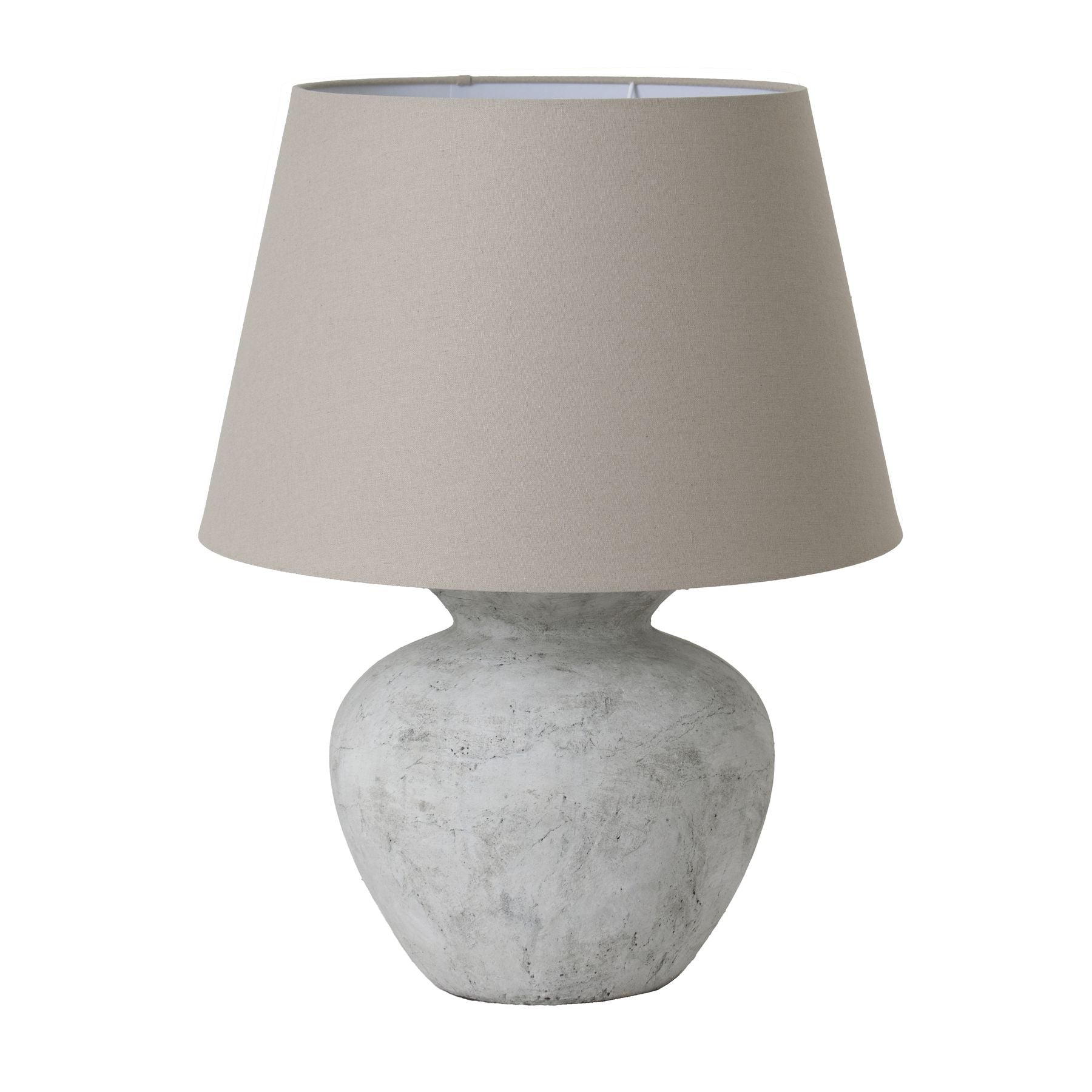 Athena Aged Stone Round Table Lamp With Linen Shade