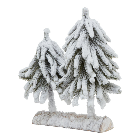 Snowy Fir Tree Duo On Wood Log - Small