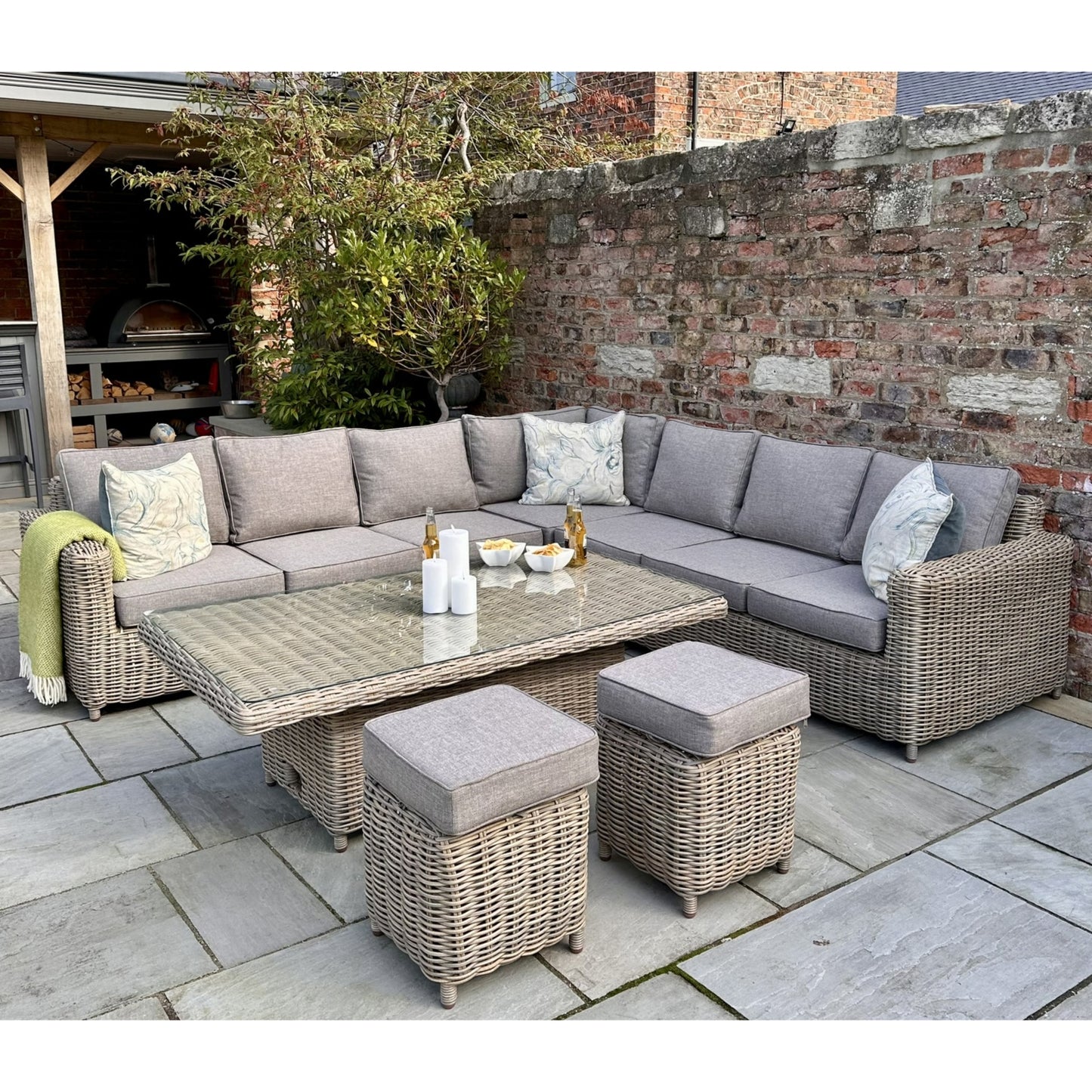 Amalfi Collection Outdoor Corner Set With Riser Table + 2 Stools - Large